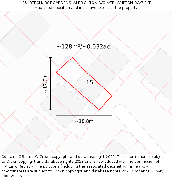 15, BEECHURST GARDENS, ALBRIGHTON, WOLVERHAMPTON, WV7 3LT: Plot and title map