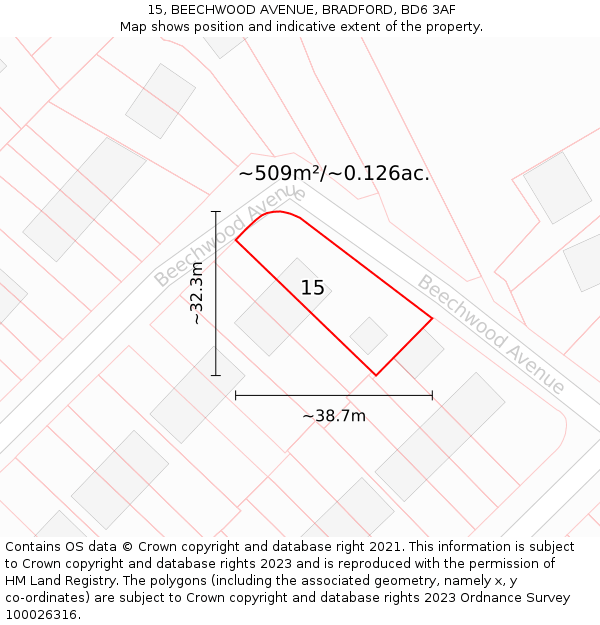 15, BEECHWOOD AVENUE, BRADFORD, BD6 3AF: Plot and title map
