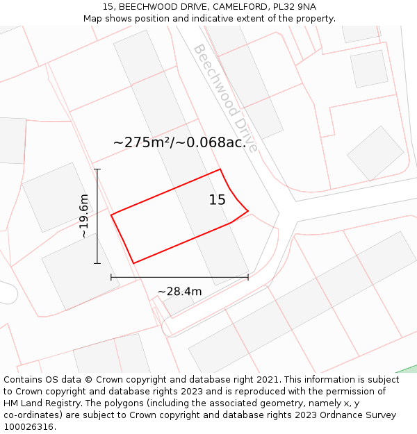 15, BEECHWOOD DRIVE, CAMELFORD, PL32 9NA: Plot and title map