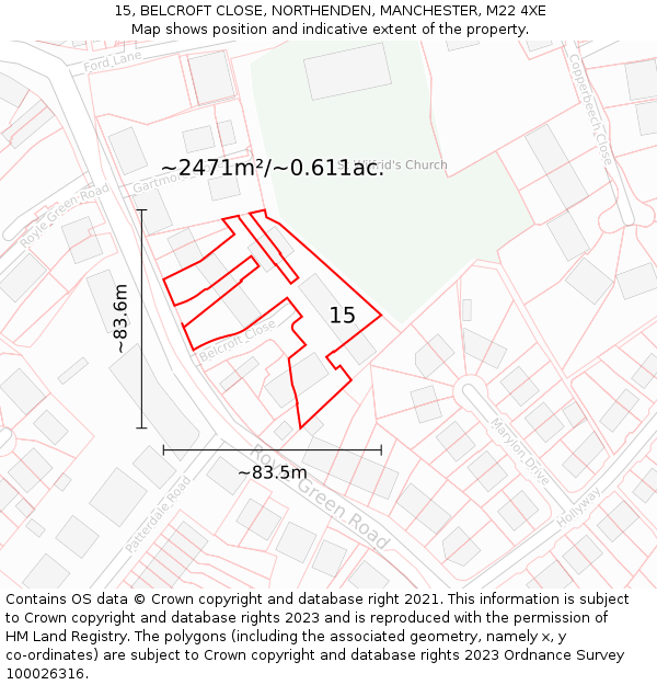 15, BELCROFT CLOSE, NORTHENDEN, MANCHESTER, M22 4XE: Plot and title map