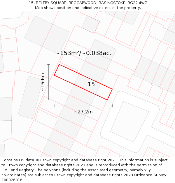 15, BELFRY SQUARE, BEGGARWOOD, BASINGSTOKE, RG22 4WZ: Plot and title map