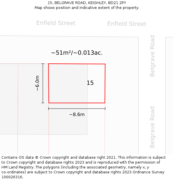 15, BELGRAVE ROAD, KEIGHLEY, BD21 2PY: Plot and title map