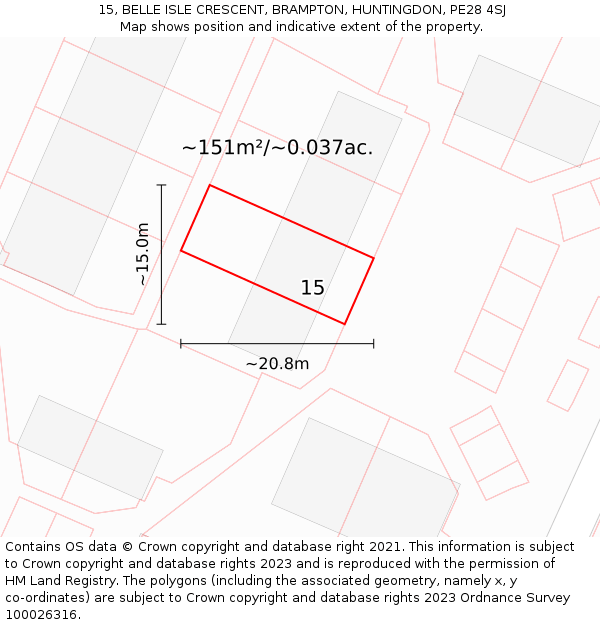 15, BELLE ISLE CRESCENT, BRAMPTON, HUNTINGDON, PE28 4SJ: Plot and title map