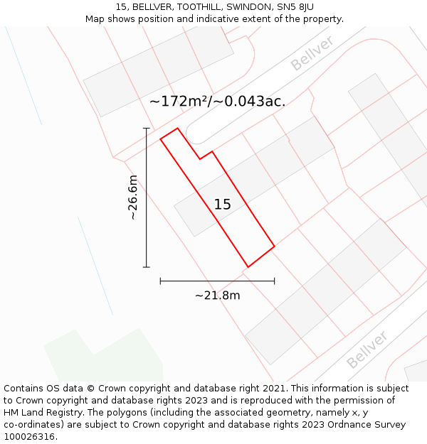 15, BELLVER, TOOTHILL, SWINDON, SN5 8JU: Plot and title map