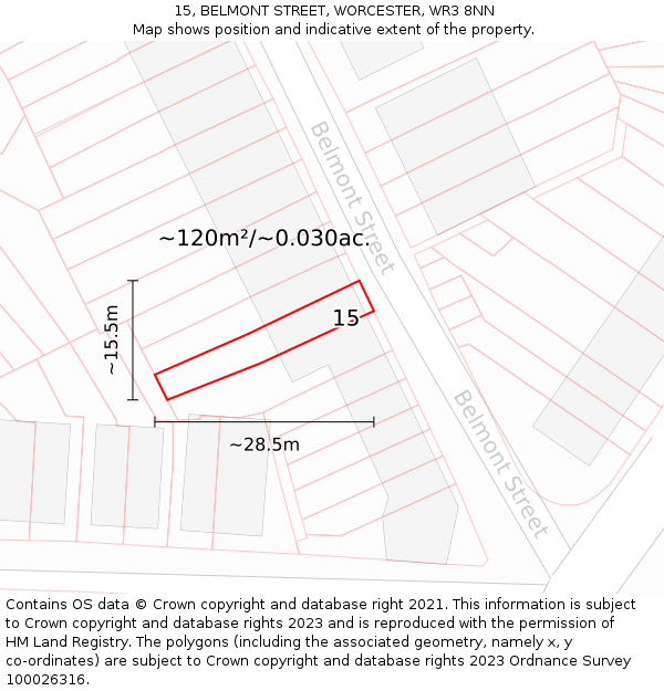 15, BELMONT STREET, WORCESTER, WR3 8NN: Plot and title map