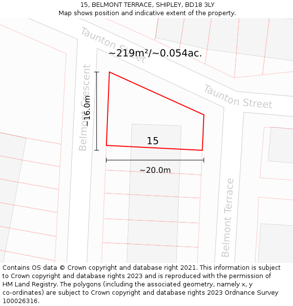 15, BELMONT TERRACE, SHIPLEY, BD18 3LY: Plot and title map