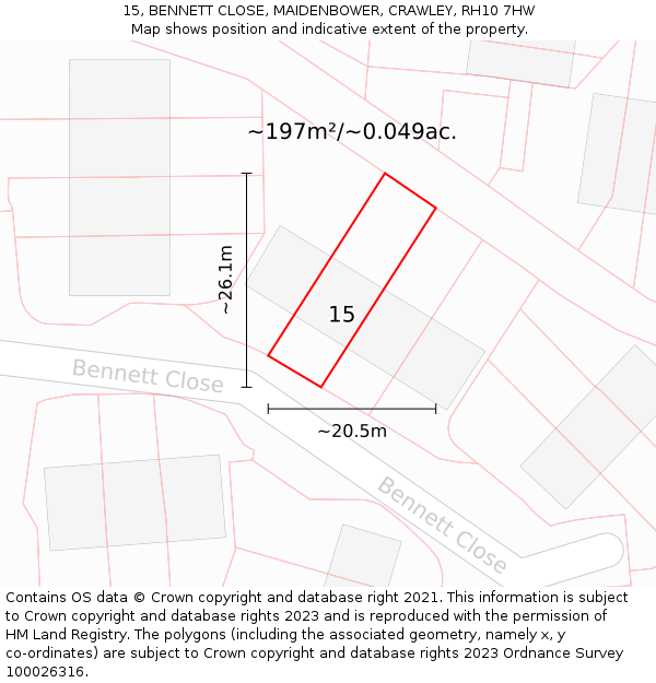 15, BENNETT CLOSE, MAIDENBOWER, CRAWLEY, RH10 7HW: Plot and title map