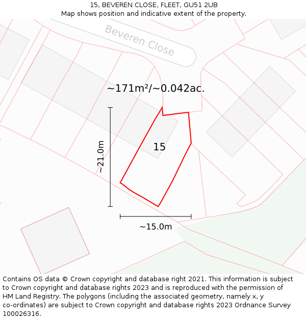 15, BEVEREN CLOSE, FLEET, GU51 2UB: Plot and title map