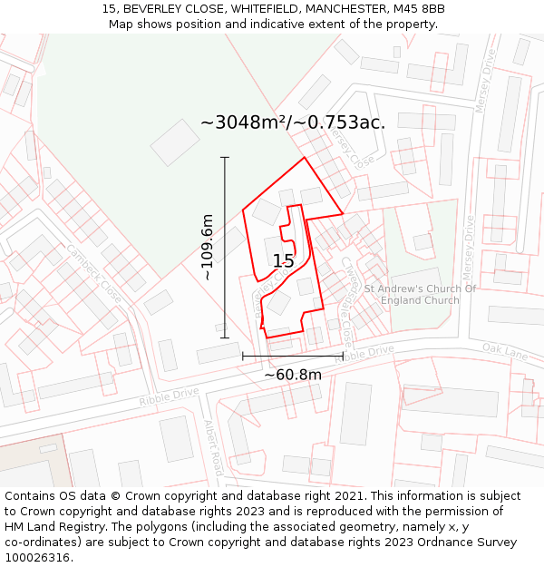 15, BEVERLEY CLOSE, WHITEFIELD, MANCHESTER, M45 8BB: Plot and title map