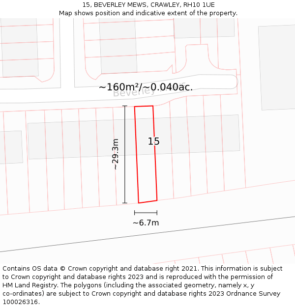 15, BEVERLEY MEWS, CRAWLEY, RH10 1UE: Plot and title map