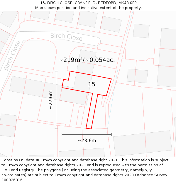 15, BIRCH CLOSE, CRANFIELD, BEDFORD, MK43 0FP: Plot and title map