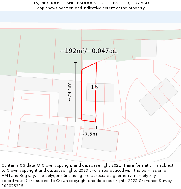 15, BIRKHOUSE LANE, PADDOCK, HUDDERSFIELD, HD4 5AD: Plot and title map