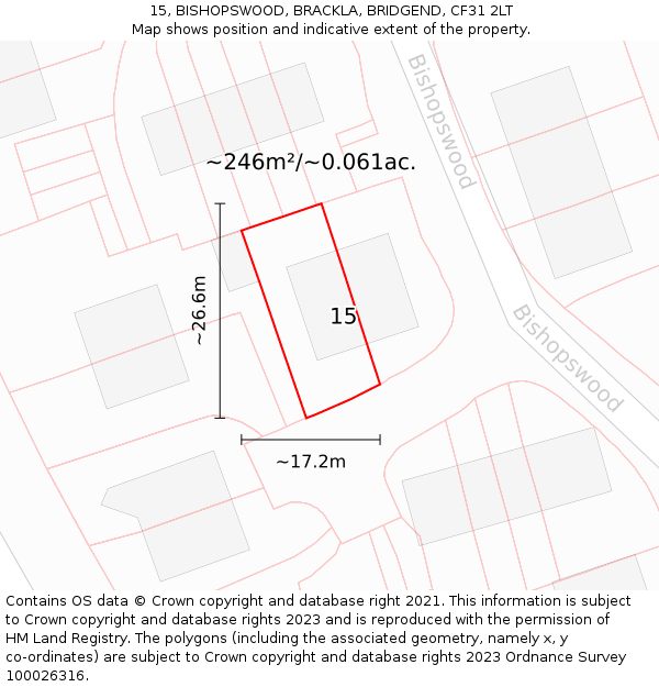 15, BISHOPSWOOD, BRACKLA, BRIDGEND, CF31 2LT: Plot and title map