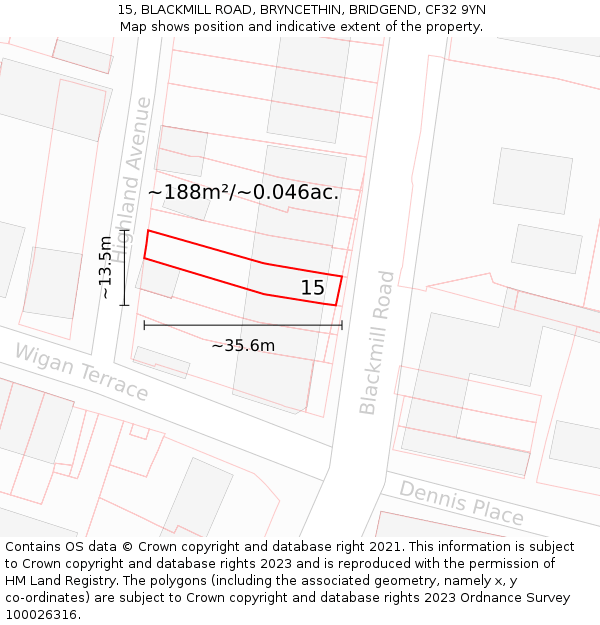 15, BLACKMILL ROAD, BRYNCETHIN, BRIDGEND, CF32 9YN: Plot and title map