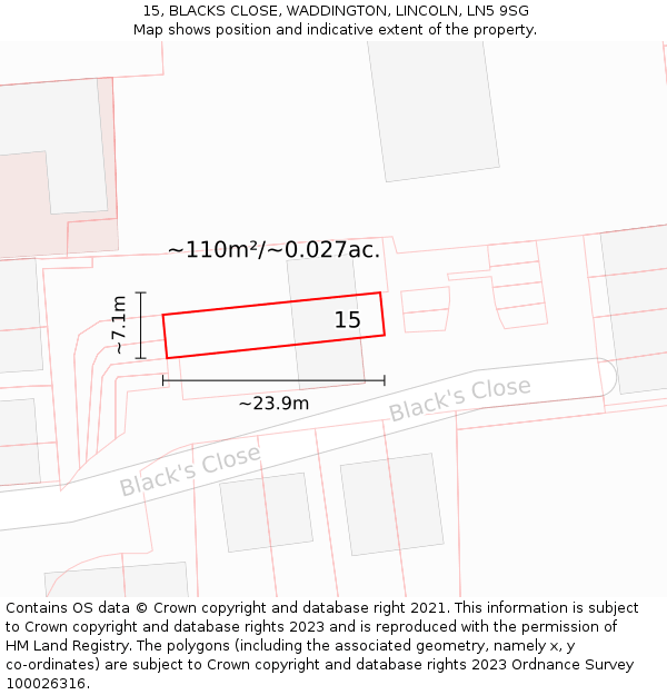 15, BLACKS CLOSE, WADDINGTON, LINCOLN, LN5 9SG: Plot and title map