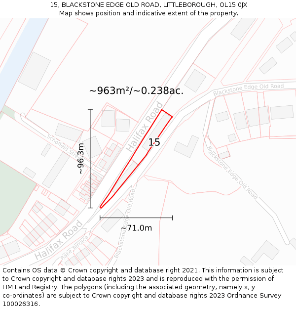 15, BLACKSTONE EDGE OLD ROAD, LITTLEBOROUGH, OL15 0JX: Plot and title map