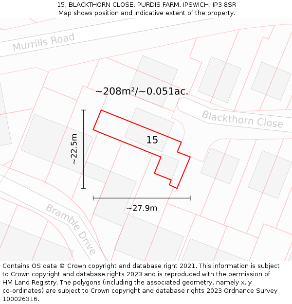15, BLACKTHORN CLOSE, PURDIS FARM, IPSWICH, IP3 8SR: Plot and title map