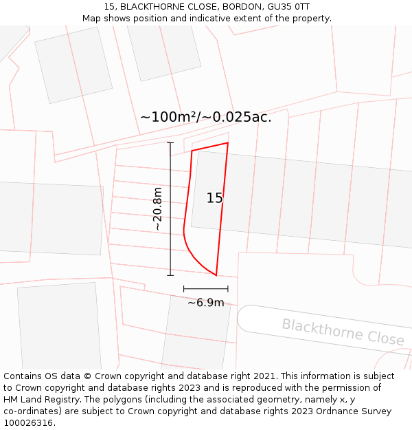 15, BLACKTHORNE CLOSE, BORDON, GU35 0TT: Plot and title map