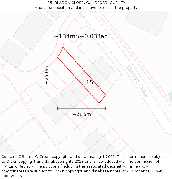 15, BLADON CLOSE, GUILDFORD, GU1 1TY: Plot and title map