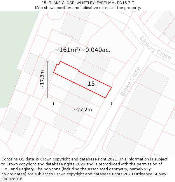 15, BLAKE CLOSE, WHITELEY, FAREHAM, PO15 7LT: Plot and title map