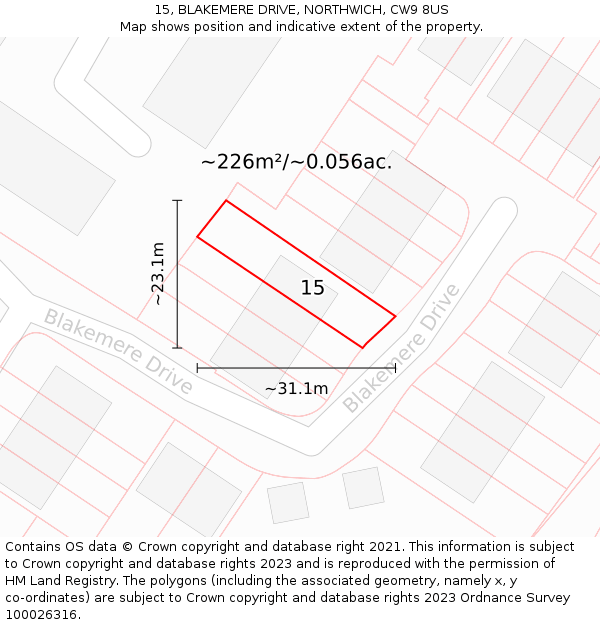 15, BLAKEMERE DRIVE, NORTHWICH, CW9 8US: Plot and title map