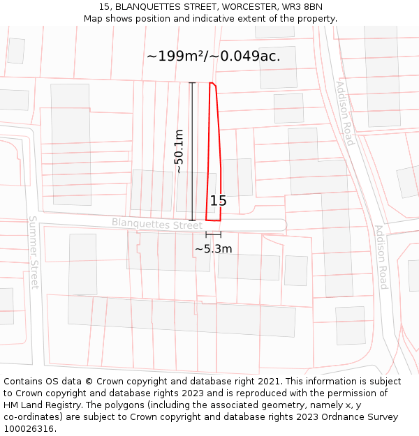 15, BLANQUETTES STREET, WORCESTER, WR3 8BN: Plot and title map