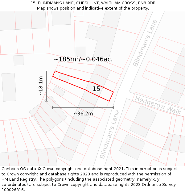 15, BLINDMANS LANE, CHESHUNT, WALTHAM CROSS, EN8 9DR: Plot and title map