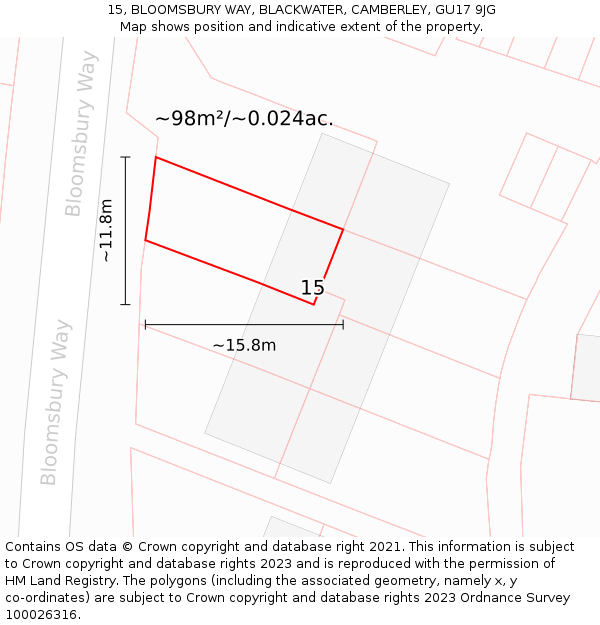 15, BLOOMSBURY WAY, BLACKWATER, CAMBERLEY, GU17 9JG: Plot and title map