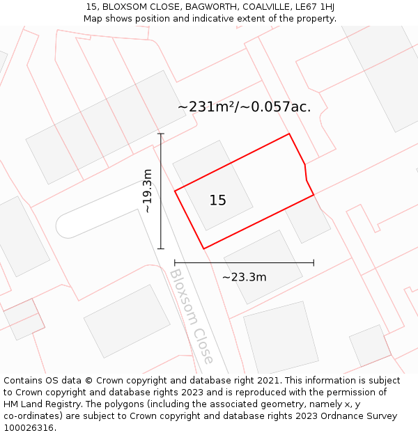 15, BLOXSOM CLOSE, BAGWORTH, COALVILLE, LE67 1HJ: Plot and title map