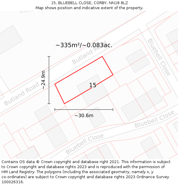 15, BLUEBELL CLOSE, CORBY, NN18 8LZ: Plot and title map