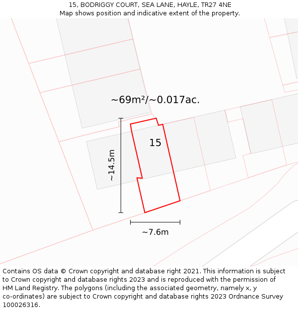 15, BODRIGGY COURT, SEA LANE, HAYLE, TR27 4NE: Plot and title map