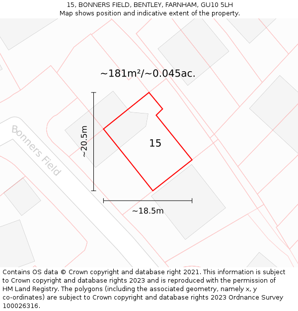 15, BONNERS FIELD, BENTLEY, FARNHAM, GU10 5LH: Plot and title map