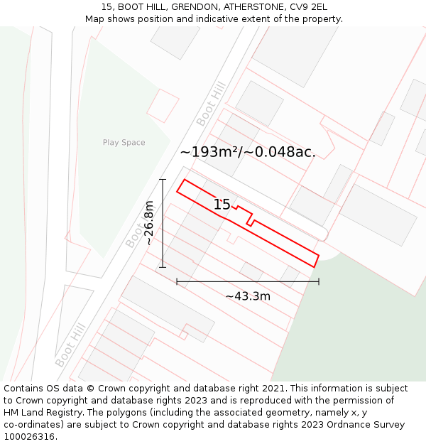 15, BOOT HILL, GRENDON, ATHERSTONE, CV9 2EL: Plot and title map