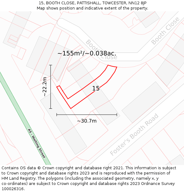 15, BOOTH CLOSE, PATTISHALL, TOWCESTER, NN12 8JP: Plot and title map