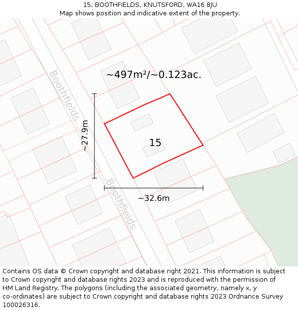 15, BOOTHFIELDS, KNUTSFORD, WA16 8JU: Plot and title map