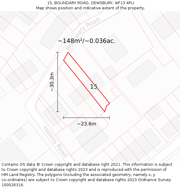 15, BOUNDARY ROAD, DEWSBURY, WF13 4PU: Plot and title map