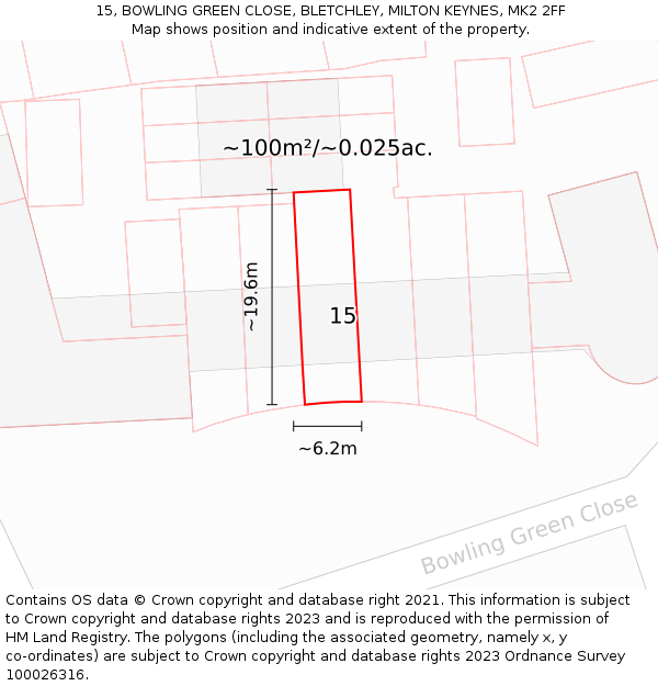 15, BOWLING GREEN CLOSE, BLETCHLEY, MILTON KEYNES, MK2 2FF: Plot and title map