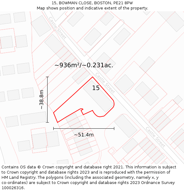 15, BOWMAN CLOSE, BOSTON, PE21 8PW: Plot and title map
