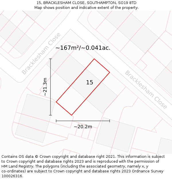15, BRACKLESHAM CLOSE, SOUTHAMPTON, SO19 8TD: Plot and title map