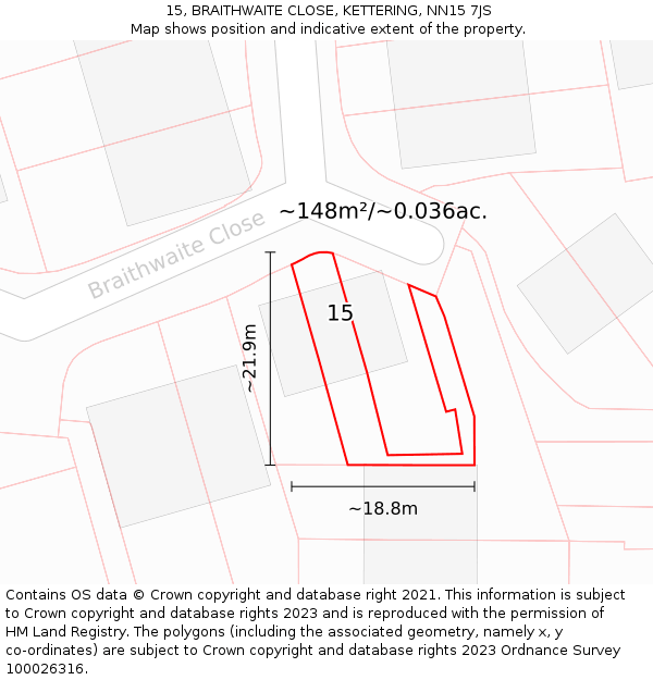 15, BRAITHWAITE CLOSE, KETTERING, NN15 7JS: Plot and title map
