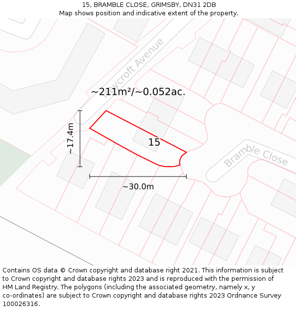 15, BRAMBLE CLOSE, GRIMSBY, DN31 2DB: Plot and title map
