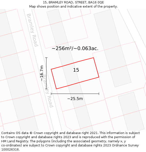 15, BRAMLEY ROAD, STREET, BA16 0QE: Plot and title map