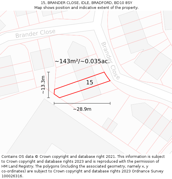 15, BRANDER CLOSE, IDLE, BRADFORD, BD10 8SY: Plot and title map