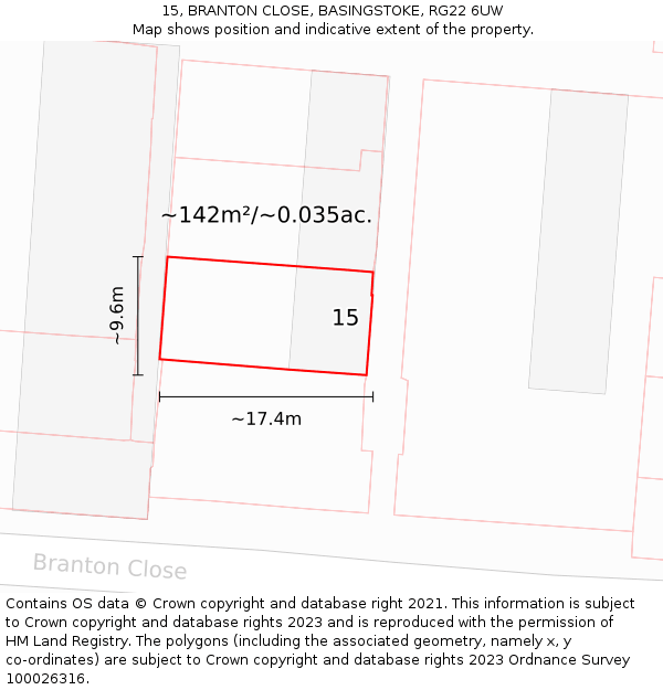 15, BRANTON CLOSE, BASINGSTOKE, RG22 6UW: Plot and title map