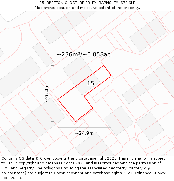 15, BRETTON CLOSE, BRIERLEY, BARNSLEY, S72 9LP: Plot and title map