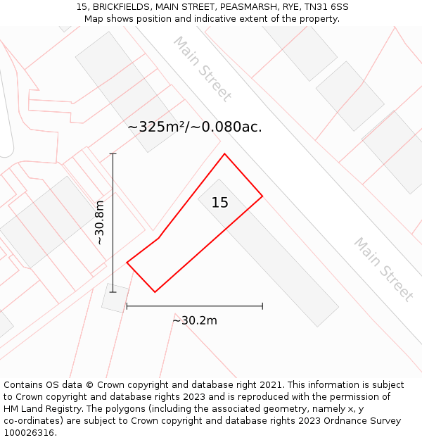 15, BRICKFIELDS, MAIN STREET, PEASMARSH, RYE, TN31 6SS: Plot and title map