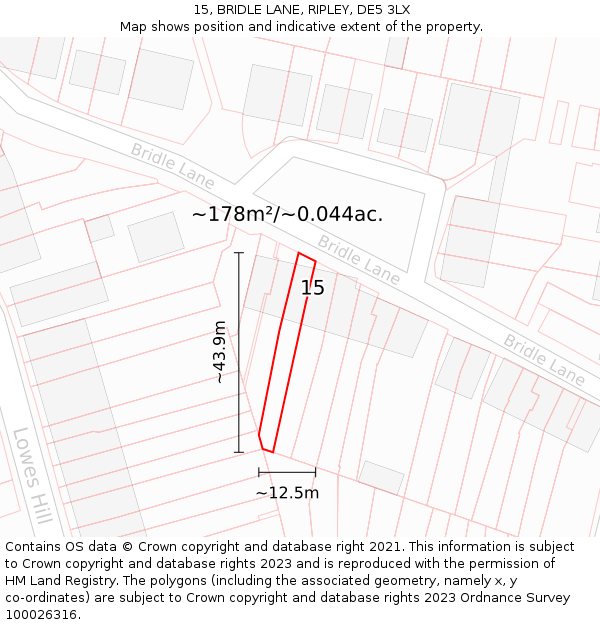 15, BRIDLE LANE, RIPLEY, DE5 3LX: Plot and title map