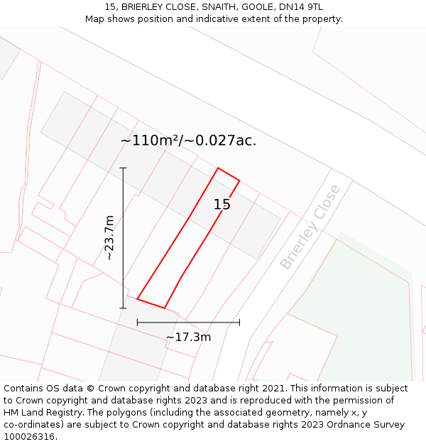 15, BRIERLEY CLOSE, SNAITH, GOOLE, DN14 9TL: Plot and title map