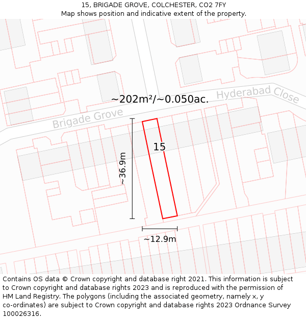 15, BRIGADE GROVE, COLCHESTER, CO2 7FY: Plot and title map