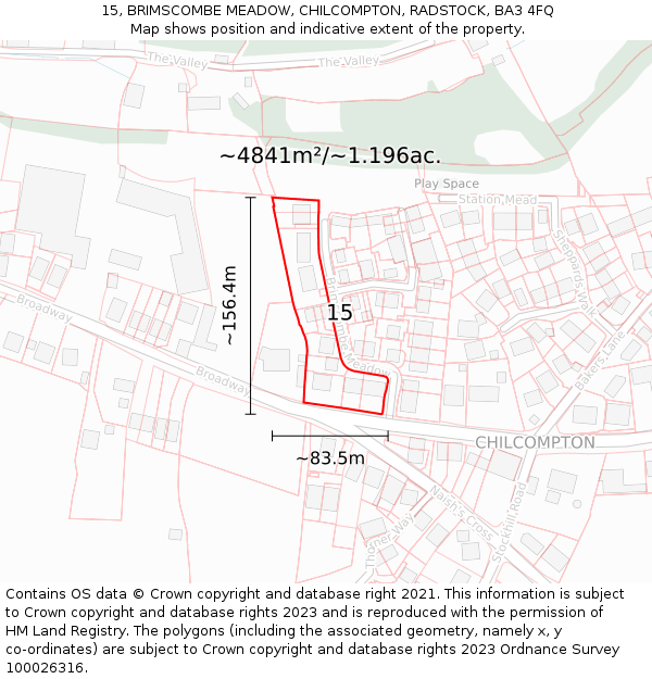 15, BRIMSCOMBE MEADOW, CHILCOMPTON, RADSTOCK, BA3 4FQ: Plot and title map